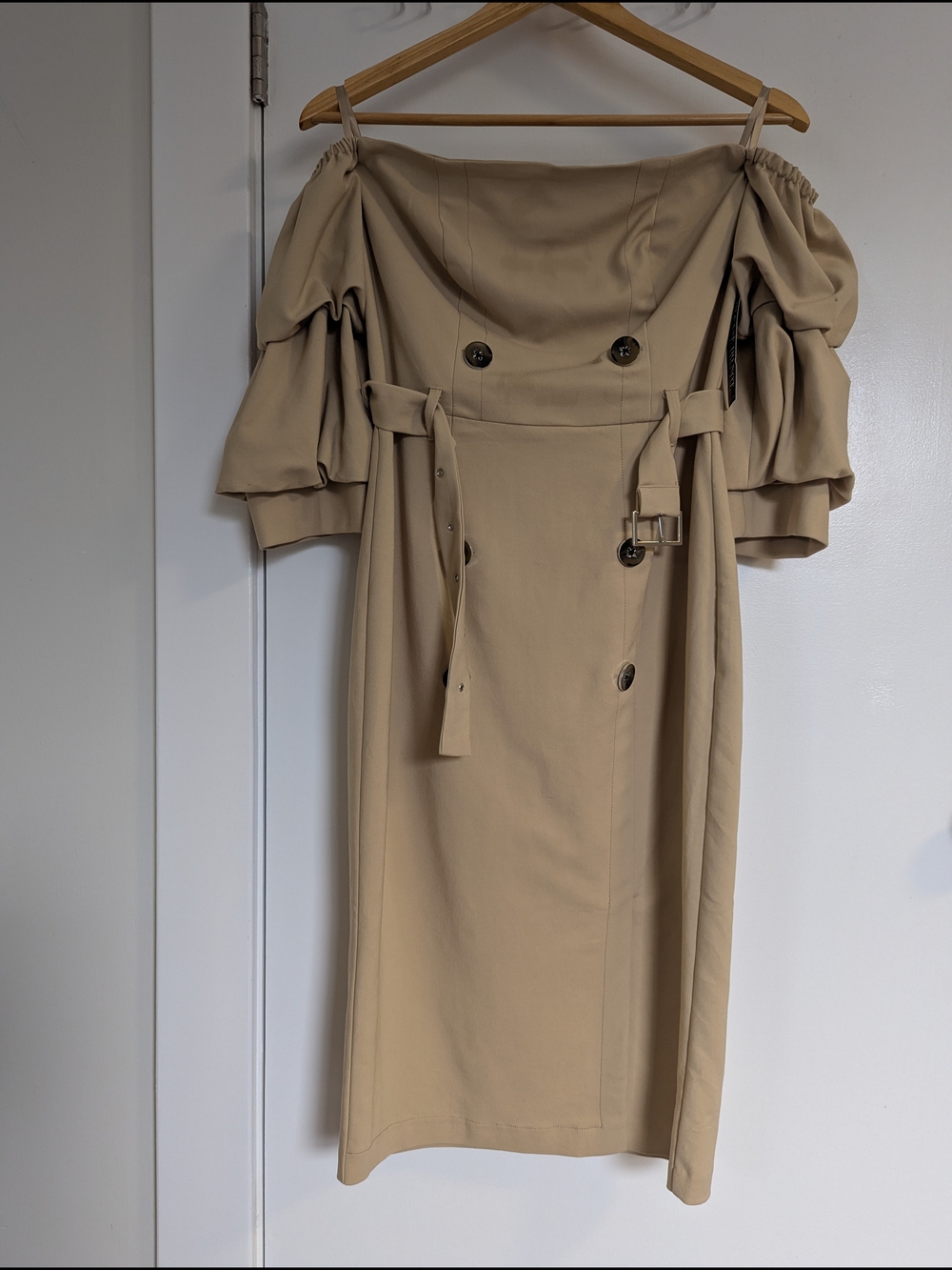 New York & Company Beige Off-Shoulder Belted Midi Dress